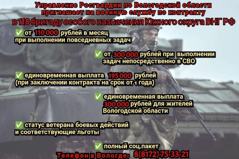 Управление Росгвардии по Вологодской области приглашает на военную службу по контракту в 118 бригаду особого назначения Южного округа ВНГ РФ..